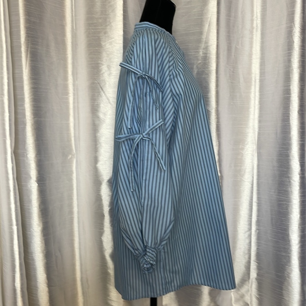 Striped Blue Tie-Sleeve Button-Front Women’s Top - Picture 2 of 9